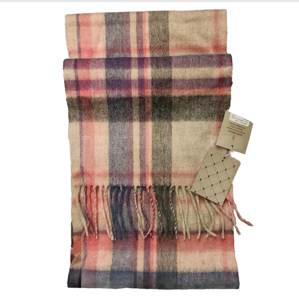 Marchbrae Lambswool barbie pink checked fringe scarf NWT